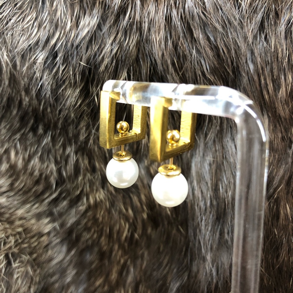 Gold Geometric Pearl Drop Earrings